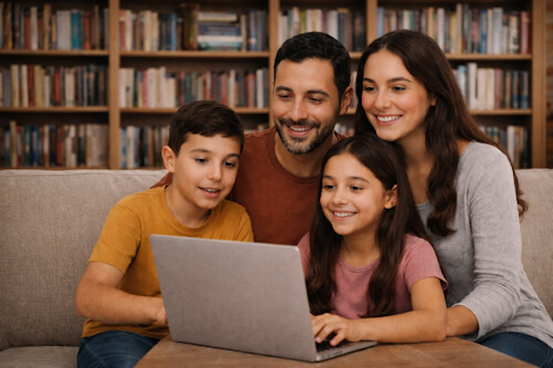 Family learning English together with 800 Global English system